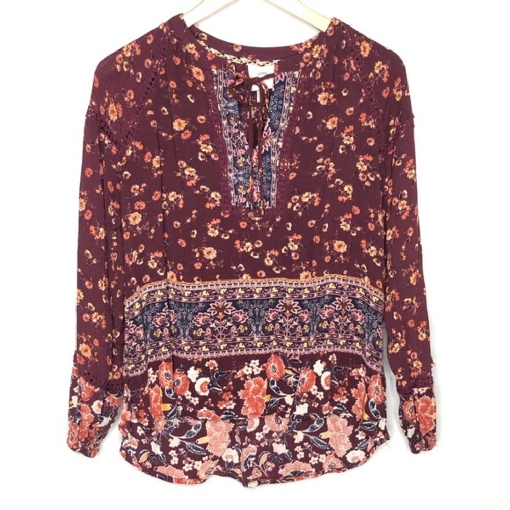 Knox Rose Maroon Boho Hippie Floral Print Long Sleeve Top Size Medium Front Tie